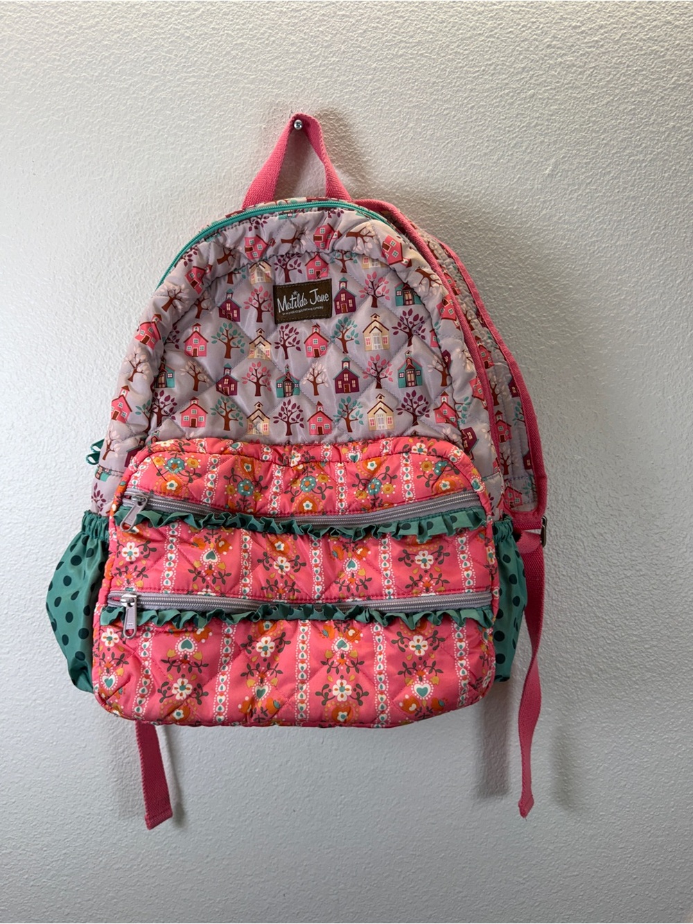 Matilda Jane Pink Coral Floral Quilted Kids Backpack with Teal Accents